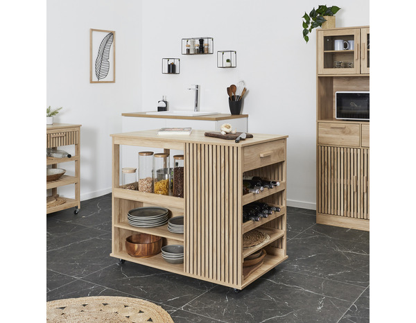 Îlot de cuisine MDF imitation bois naturel KLAUS - H.90 x L.105 x P.60 cm - Brico Dépôt