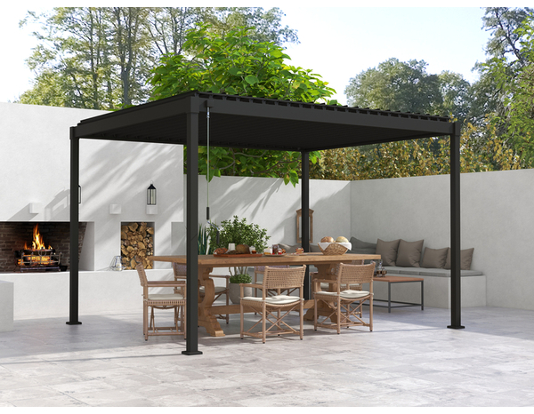 Pergola bioclimatique acier 4x3m avec lames orientables, fixation à sceller, gris anthracite - Brico Dépôt