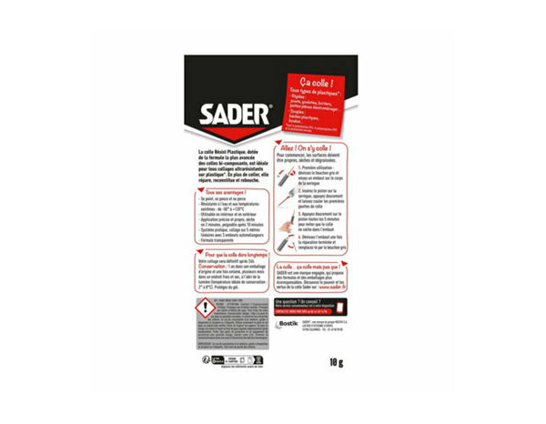 Colle réparation plastique transparente époxy bi-composant 10 g - Sader - Brico Dépôt