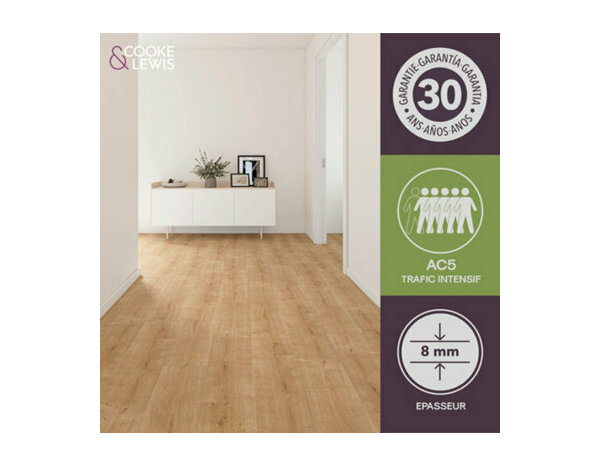 Sol stratifié à clipser 8 mm usage intense effet chêne naturel, DALBERT - 193x138,3 cm - Cooke and Lewis - Brico Dépôt