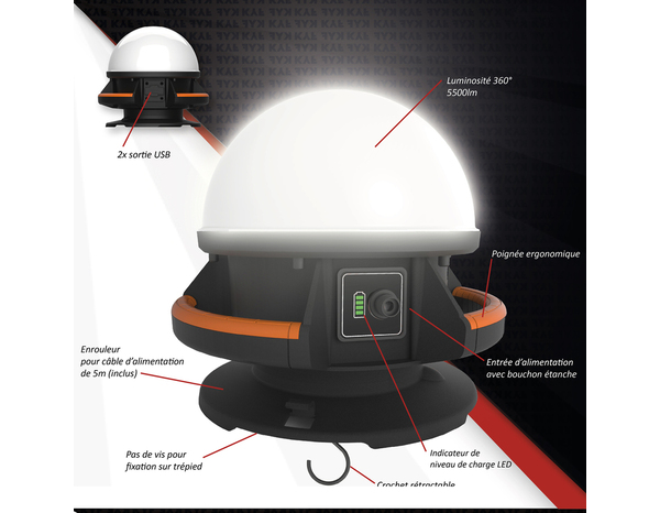 Projecteur de chantier hybride 50W 360° blanc froid 6500K avec batterie et USB - Brico Dépôt