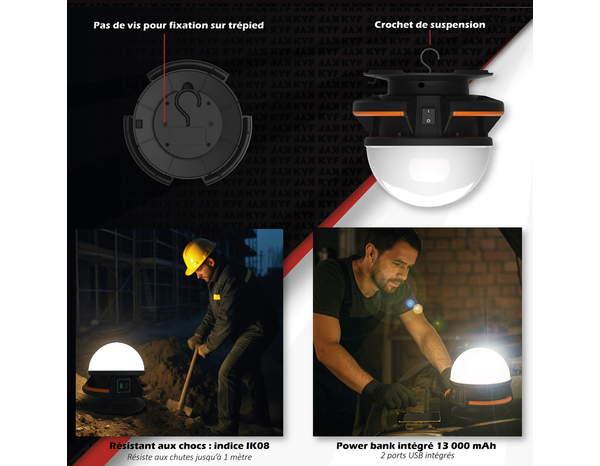 Projecteur de chantier hybride 50W 360° blanc froid 6500K avec batterie et USB - Brico Dépôt