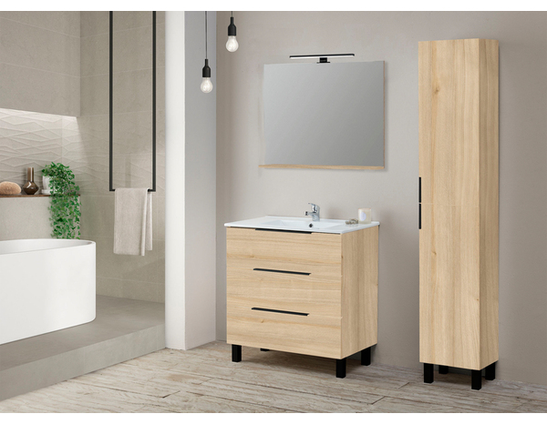 Ensemble meuble 3 tiroirs effet bois 80 cm avec vasque céramique + miroir LED DENVER - Brico Dépôt