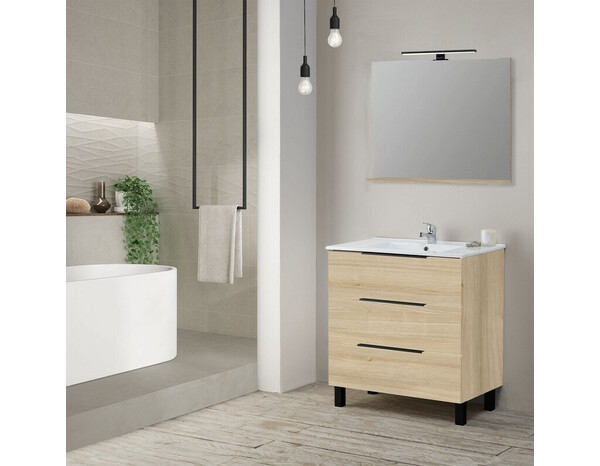 Ensemble meuble 3 tiroirs effet bois 80 cm avec vasque céramique + miroir LED DENVER - Brico Dépôt