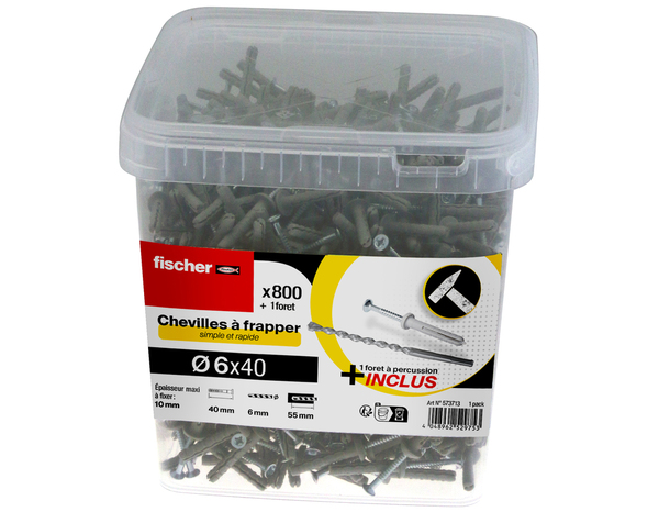Seau de 800 chevilles TP à frapper 6x40 avec foret offert - Fischer - Brico Dépôt