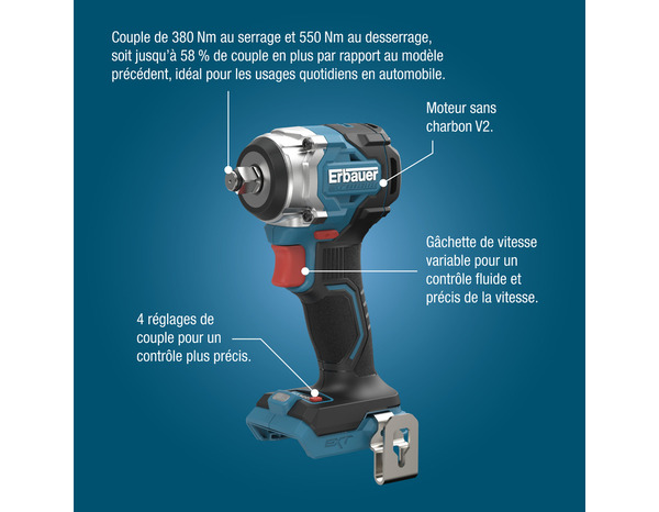 Clé à choc 18V, couple 380 Nm, compacte, LED - Erbauer - Brico Dépôt