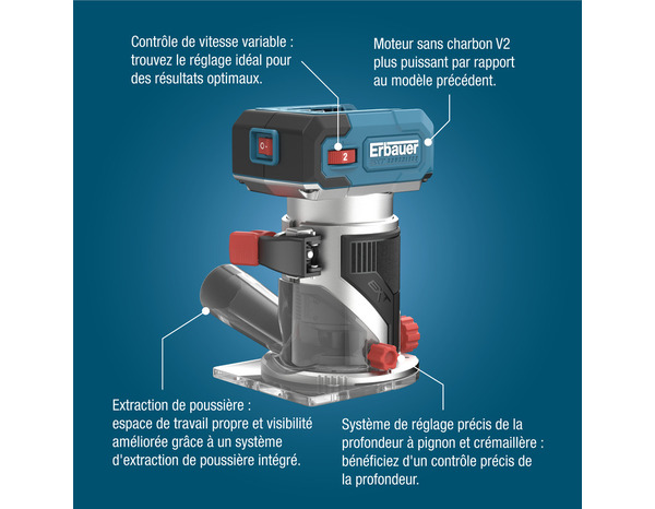 Défonceuse sans fil 18V, vitesse variable, profondeur 43 mm, LED - Erbauer - Brico Dépôt
