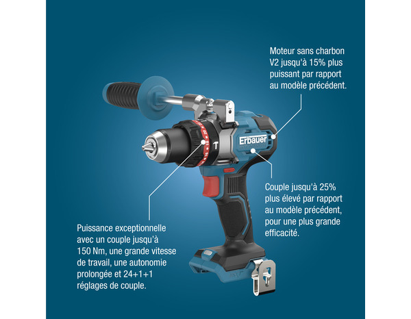 Perceuse visseuse à percussion sans fil 18V 150 Nm ELITE - Erbauer - Brico Dépôt