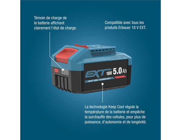 Batterie lithium-ion 18 V ext 5 AH compacte et puissante - Erbauer - Brico Dépôt