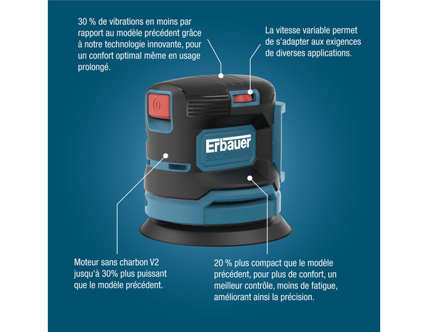 Ponceuse excentrique sans fil 18V 125 mm - Erbauer - Brico Dépôt