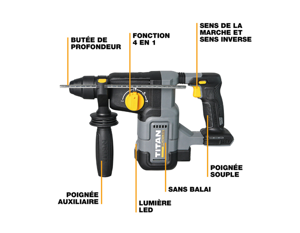 Marteau perforateur SDS+ sans fil 18V -  2,8 J - Titan - Brico Dépôt