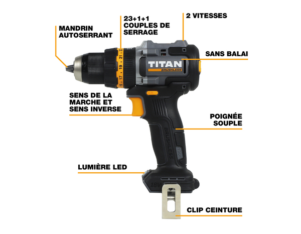 Perceuse visseuse à percussion sans fil 18V 65 Nm LED - Titan - Brico Dépôt