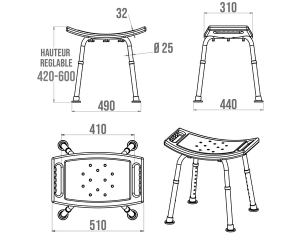 Tabouret de douche - P. 44 cm x H. 42 à 60 cm x l. 51 cm - Brico Dépôt
