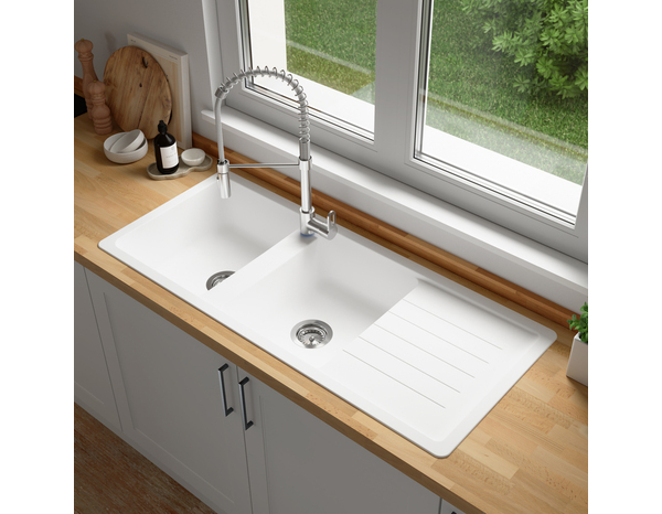 Evier quartz, rectangulaire 2 bacs blanc encastré ALLAIRE - 116x50x28,2 cm - Cooke and Lewis - Brico Dépôt