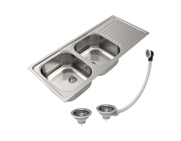 Evier inoxydable, 2 bacs gris égouttoir réversible NAKAYA -116x50x15 cm - Brico Dépôt