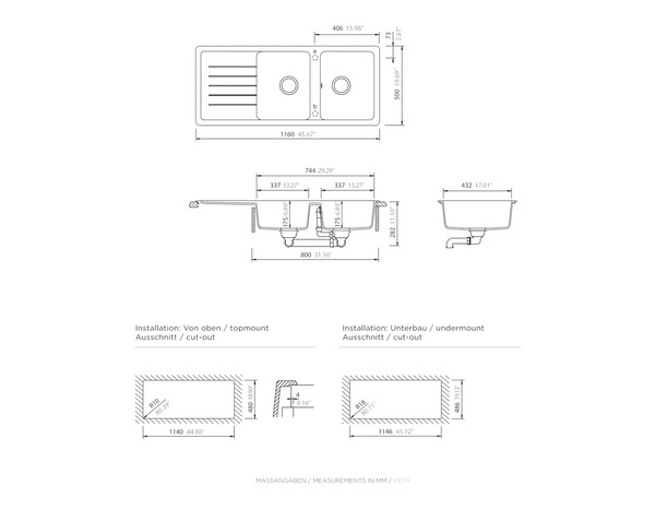 Evier quartz, rectangulaire 2 bacs noir, égouttoir réversible ALLAIRE - 116x50x28,2 cm - Cooke and Lewis - Brico Dépôt