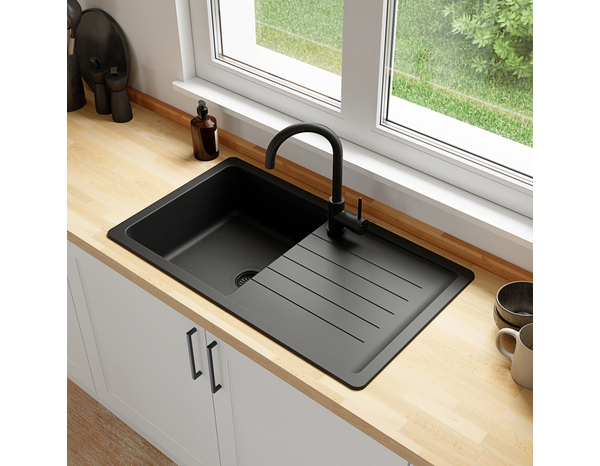 Evier quartz, rectangulaire 1 bac noir encastré ALLAIRE - 86x50x28,2 cm - Cooke and Lewis - Brico Dépôt