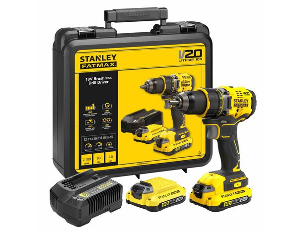Perceuse - visseuse sans fil  V20 moteur Brushless 80 Nm 18 V + 2 batteries 2 Ah - Stanley Fatmax - Brico Dépôt