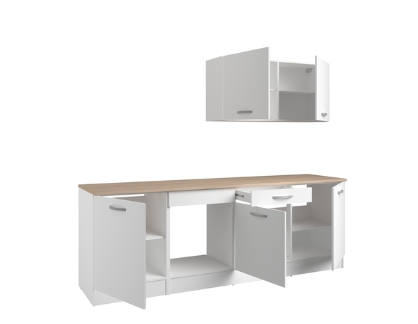 Cuisine en kit ELYA blanc mat et plan de travail imitation chêne clair - L.240cm x P.60cm x Ep.22mm - Brico Dépôt