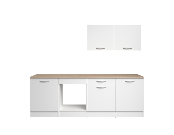 Cuisine en kit ELYA blanc mat et plan de travail imitation chêne clair - L.240cm x P.60cm x Ep.22mm - Brico Dépôt