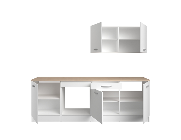 Cuisine en kit ELYA blanc mat et plan de travail imitation chêne clair - L.240cm x P.60cm x Ep.22mm - Brico Dépôt