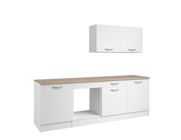 Cuisine en kit ELYA blanc mat et plan de travail imitation chêne clair - L.240cm x P.60cm x Ep.22mm - Brico Dépôt