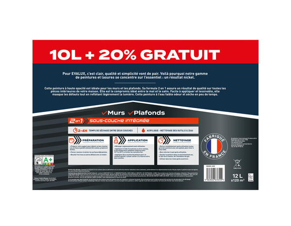 Peinture blanche 2 en 1 avec sous-couche intégrée velours, 12 L (10L+20% gratuit) - Evalux - Brico Dépôt