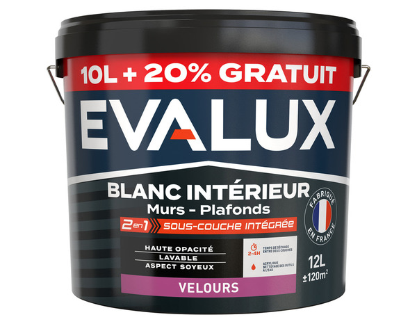 Peinture blanche 2 en 1 avec sous-couche intégrée velours, 12 L (10L+20% gratuit) - Evalux - Brico Dépôt