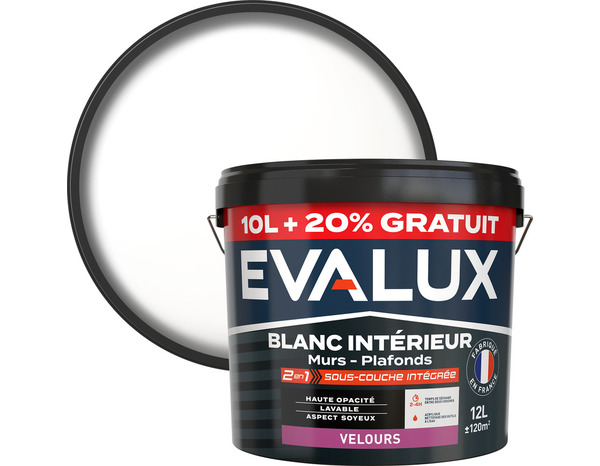 Peinture blanche 2 en 1 avec sous-couche intégrée velours, 12 L (10L+20% gratuit) - Evalux - Brico Dépôt