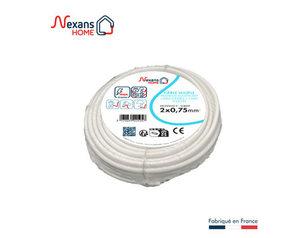 Câble électrique H03VVH2F 2 x 0,75 mm² blanc - 5 m - Nexans - Brico Dépôt