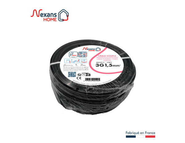 Câble électrique flexible H05VVF 3G1,5mm² noir - 5 m - Nexans - Brico Dépôt