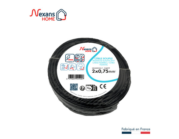 Câble électrique flexible H03VVH2F 2 x 0,75 mm² noir - 5 m - Nexans - Brico Dépôt