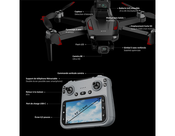 Drone 5G/4G, double caméra stabilisées + télécommande écran 4,5 + piste - Brico Dépôt
