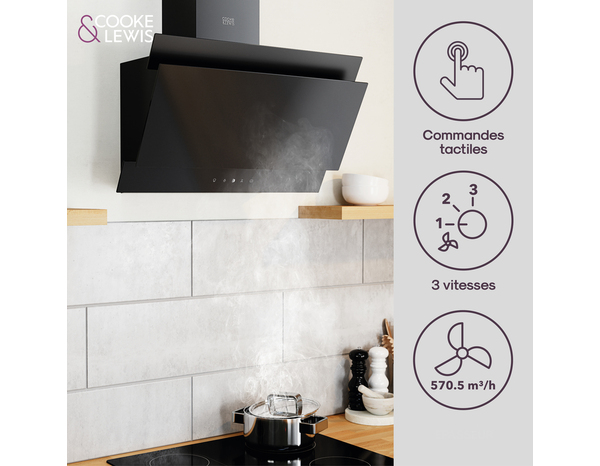 Hotte en verre noir inclinée L 59,8 cm x P 34 cm x H 32 cm - Cooke and Lewis - Brico Dépôt