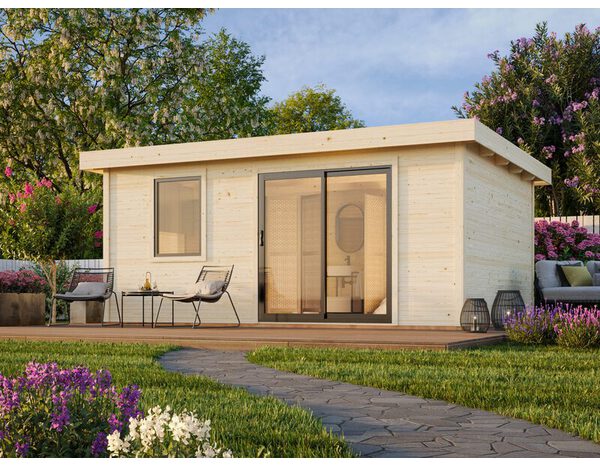 Studio de jardin bois massif 20 m² avec baie coulissante aluminium  anthracite LYDIA - Brico Dépôt