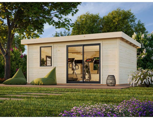 Studio de jardin bois massif 20 m² avec baie coulissante aluminium  anthracite LYDIA - Brico Dépôt