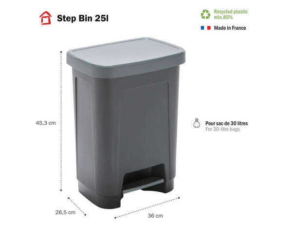 Poubelle à pédale plastique noir 25 L - 36 x 26,5 x 45,5 cm - Sundis - Brico Dépôt