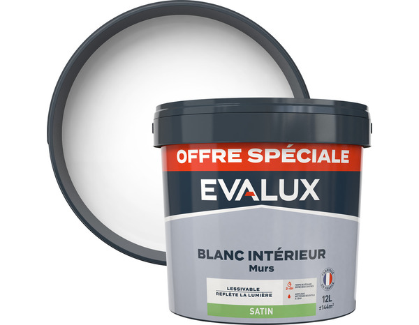 Peinture intérieure blanche satin murs et plafonds 12 L - Evalux - Brico Dépôt