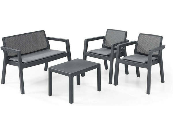 Salon de jardin 4 places effet rotin gris avec table basse fauteuils empilables EMILY - Brico Dépôt