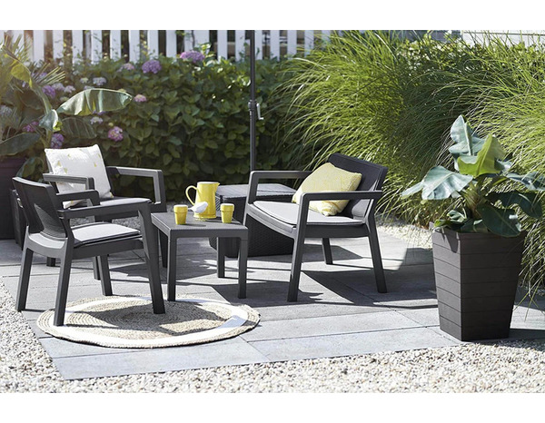 Salon de jardin 4 places effet rotin gris avec table basse fauteuils empilables EMILY - Brico Dépôt