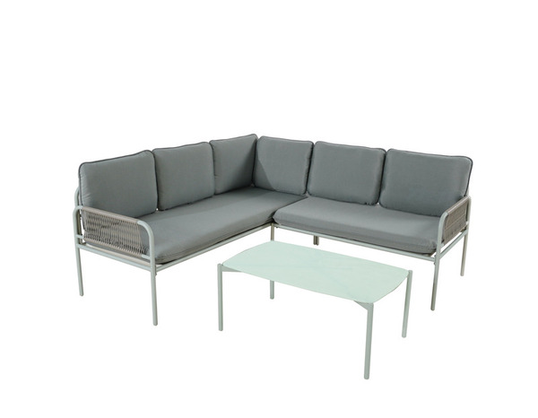 Salon de jardin d’angle 5 places métal vert lichen avec coussins - Brico Dépôt