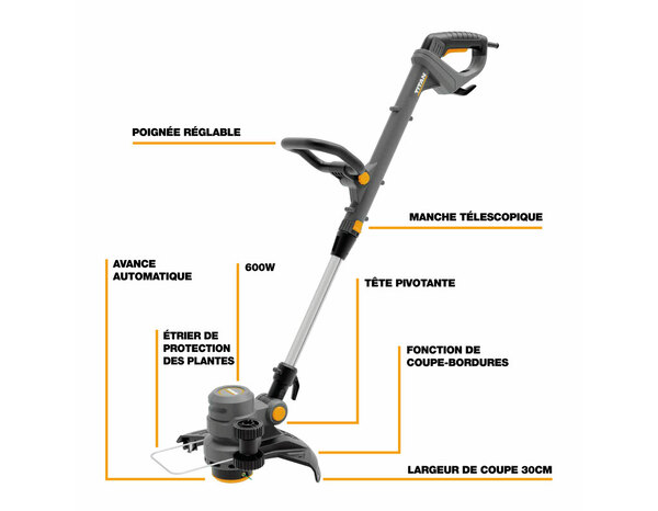 Coupe-bordures électrique filaire 600 W largeur de coupe 30 cm manche télescopique - Titan - Brico Dépôt