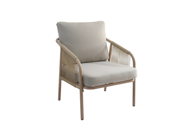 Salon de jardin 5 places structure acier imitation bois coussins beige - Brico Dépôt