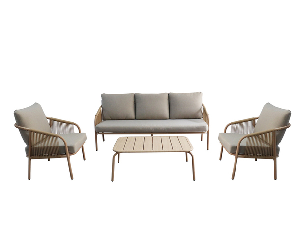 Salon de jardin 5 places structure acier imitation bois coussins beige - Brico Dépôt