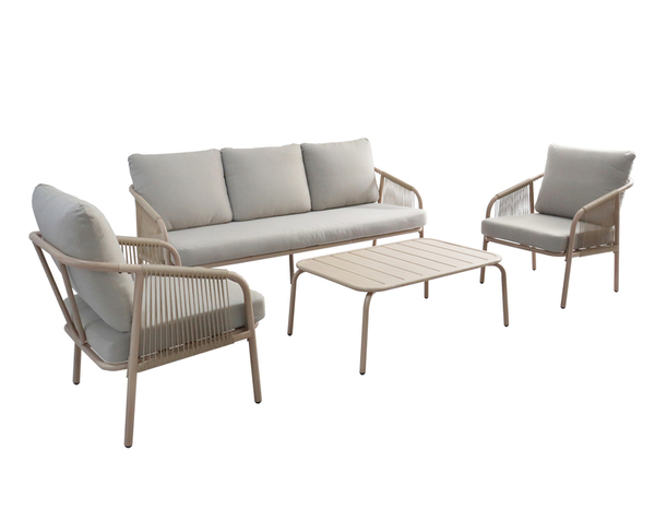 Salon de jardin 5 places structure acier imitation bois coussins beige - Brico Dépôt