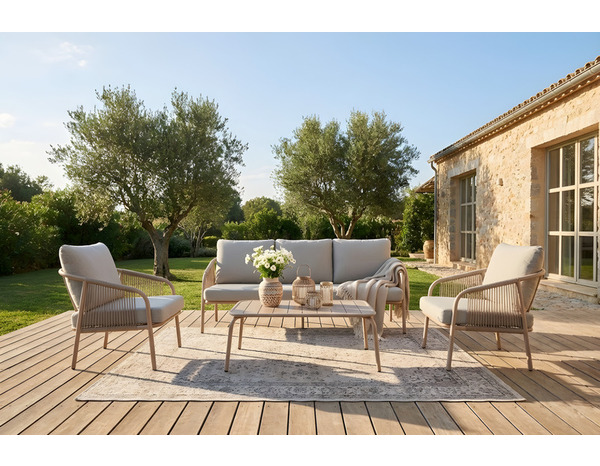 Salon de jardin 5 places structure acier imitation bois coussins beige - Brico Dépôt