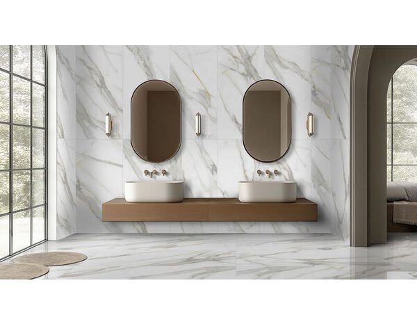 Carrelage sol intérieur grès cérame émaillé blanc aspect marbre CALACATTA ORO 60 x 120 cm - Brico Dépôt