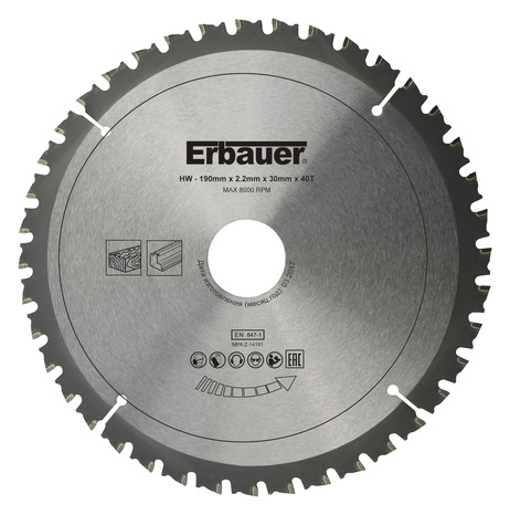 Lame scie circulaire TCT Ø190 x30/20/16 Moyenne - 40 dents - Erbauer - Brico Dépôt