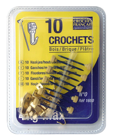 10 crochets N°0 avec aiguilles en acier laitonné H. 1,4 cm P. 0,7 cm l. 0,5 cm - Le Crochet Français - Brico Dépôt